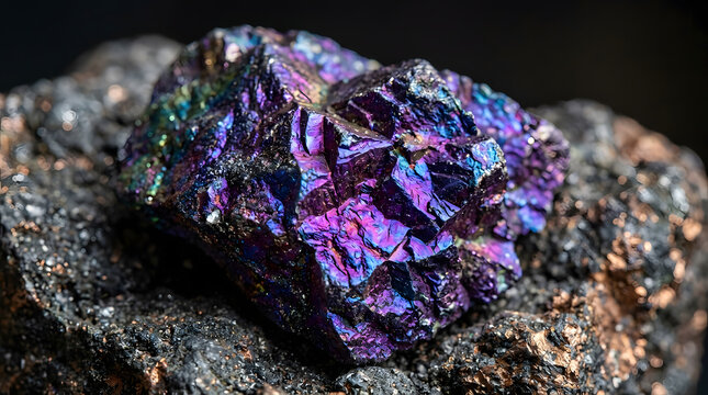 Bornite mineral specimen with vibrant iridescent tarnish close up photograph high quality professional