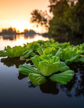 Peaceful water plants at dawn