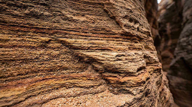 Layered sandstone rock wall detailed texture and natural earth tones high quality professional