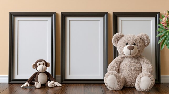 Three blank picture frames displayed with a teddy bear and monkey toy on a wooden floor