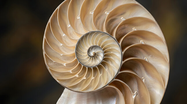 nautilus shell cross section detailed spiral pattern natural beige and white tones high quality