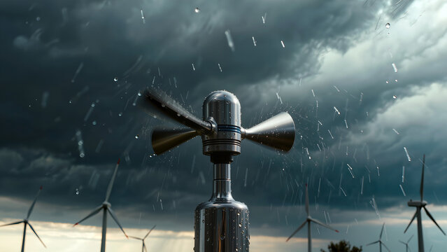 Professional wind speed sensor anemometer against a dramatic sky, green energy concept.