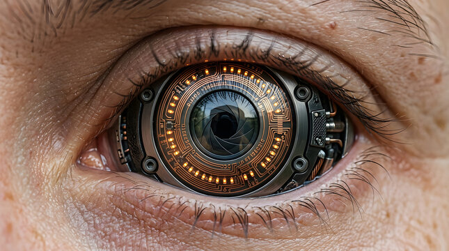 Human eye with robotic and circuit board elements close up photograph high quality professional