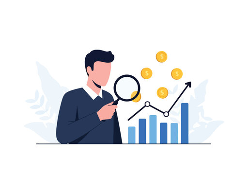Modern flat vector illustration of stock market research with magnifying glass, growth chart and floating coins in fintech business style