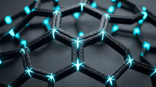 Hexagonal lattice structure 3d render with glowing blue nodes and dark carbon fiber framework