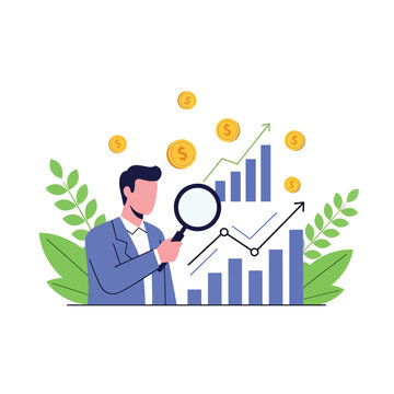 Modern flat vector illustration of stock market research with magnifying glass, growth chart and floating coins in fintech business style