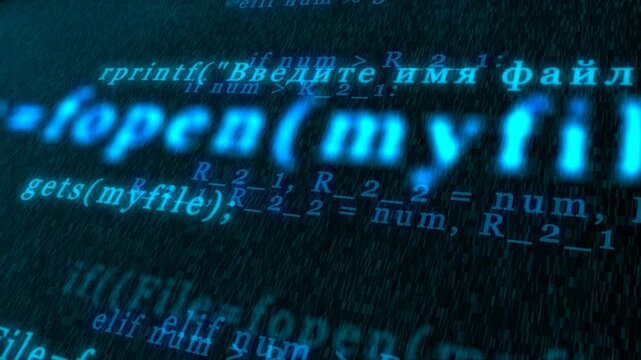 A close up view of computer screen displaying glowing blue programming code on a dark background showing data processing in motion.