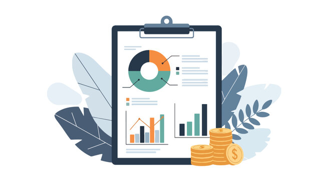 Flat vector illustration of business analytics report with pie charts, bar graphs and investment finance concepts