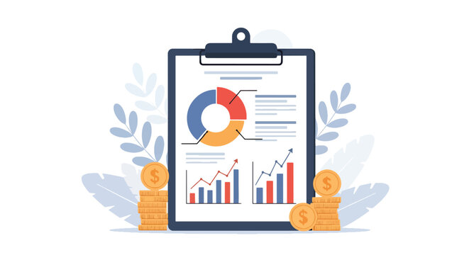 Flat vector illustration of business analytics report with pie charts, bar graphs and investment finance concepts
