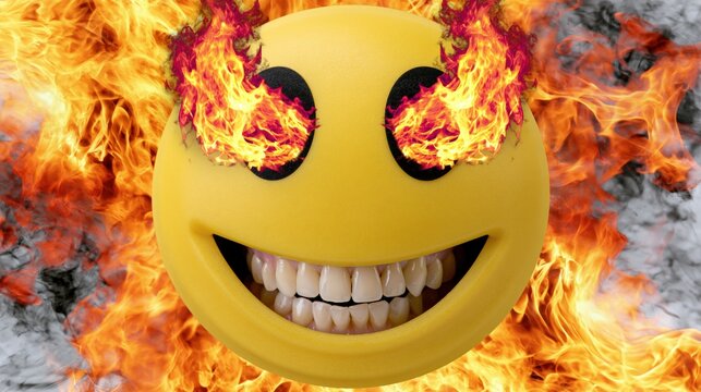 Intense Smiley Face Emoji with Flaming Eyes and Smirking Grin Amidst Blazing Fire
