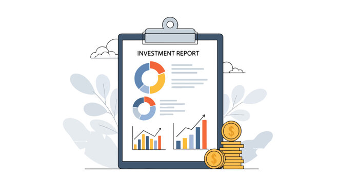 Flat vector illustration of business analytics report with pie charts, bar graphs and investment finance concepts