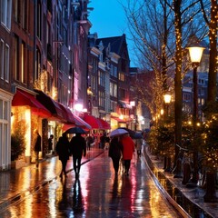 Fototapeta premium Evening Walk in Amsterdam With People Carrying Umbrellas and Lights on Buildings