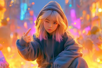 Naklejka premium Young asian woman winking, finger pointing, neon city glow, playful vibe