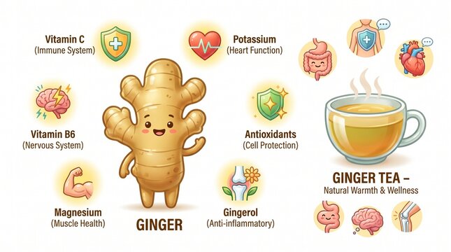 Cute cartoon infographic about the nutritional value of ginger