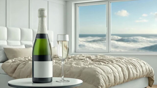 Tracking slow push zoom of champagne bottle and glass on bedside table with ocean waves visible through bedroom window