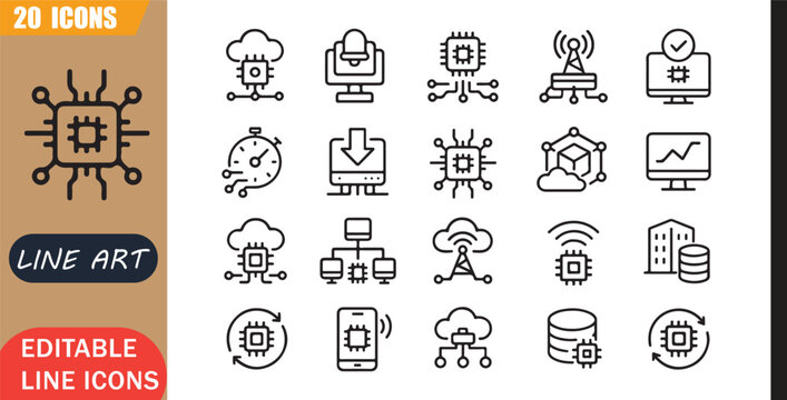 Isolated edge computing icons set, 20 editable line art icons set, realtime cloud network infrastructure data, edge technology tools, minimal outline vector, computing, network, cloud, data