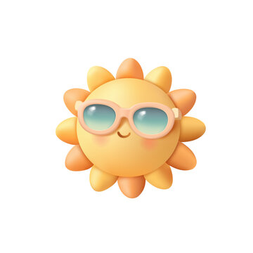3d happy sun character in sunglasses. Cheerful sun icon on white background. Vector illustration.