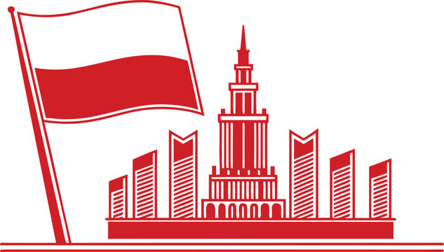 Red of polish independence day, cityscape with flag and building