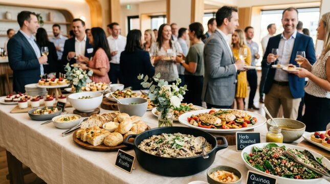 Corporate event catering spread with guests mingling appetizers and beverages