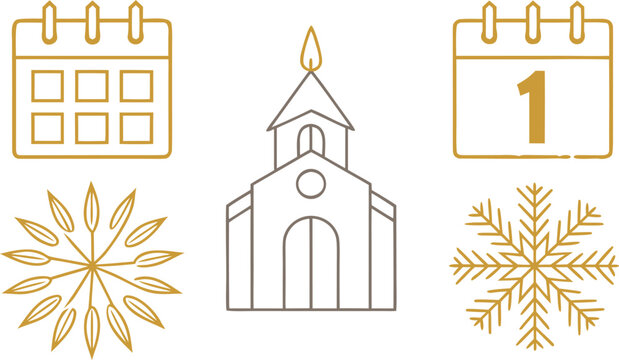 Minimal line and flat color set of christmas including church, calendars, and snowflakes