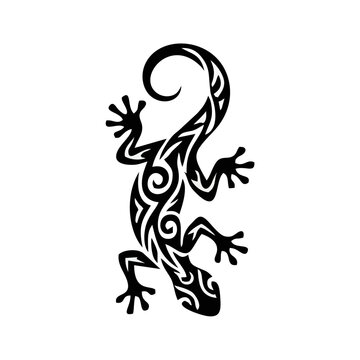 Tribal Lizard Gecko Silhouette, Black Polynesian Maori Style Tattoo Art Vector Illustration Isolated on White Background for Branding, Decor, and Creative Graphic Design Projects