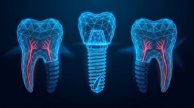 Futuristic dental implant technology showing digital wireframe teeth with glowing nerves on dark blue background