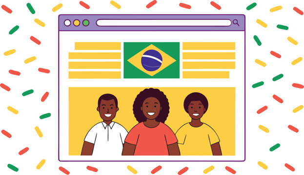 Of three smiling people in a browser window with brazilian flag, confetti background