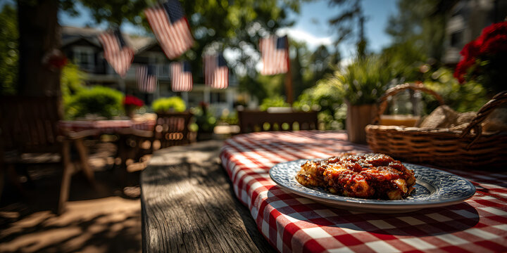 On Memorial Day, a picnic table is covered with a red, white, and blue checkered tablecloth and has food on it, with American flags waving in the background.