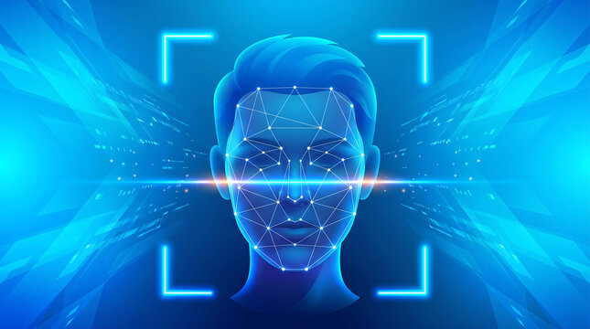 Futuristic facial recognition technology system with biometric identification scanning human face and digital data background