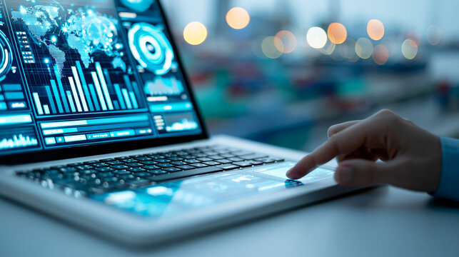 Close-up of a digital logistics dashboard showing real-time global shipment tracking, supply chain management concept, transportation network analytics, import export data