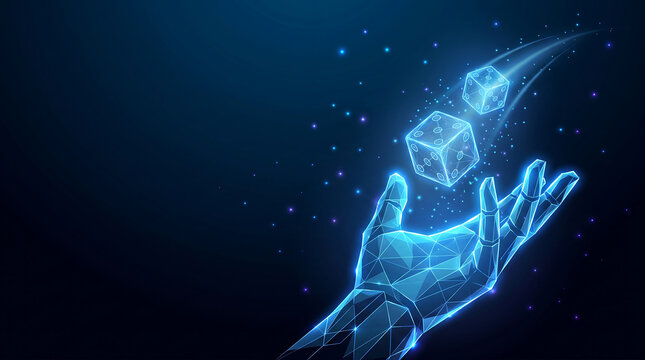 Low poly glowing blue hand throwing digital dice representing luck and chance in online gambling