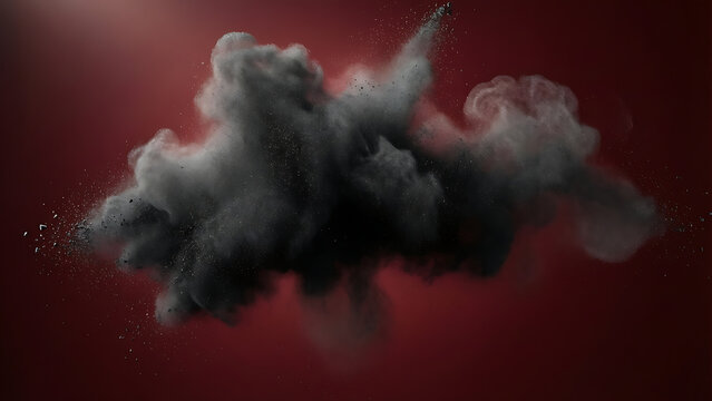 Fum&eacute;e noire explosive sur fond rouge isol&eacute; transparent