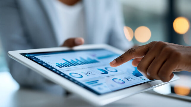Close-up of an analyst using a modern digital dashboard tablet showing data analytics and growth metrics, business intelligence concept, data management system photography,
