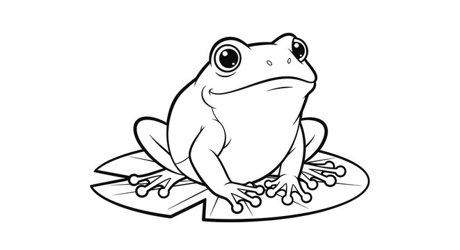 Cute black and white cartoon frog sitting on a lily pad. Perfect line art illustration for kids coloring book page, education, and activity.
