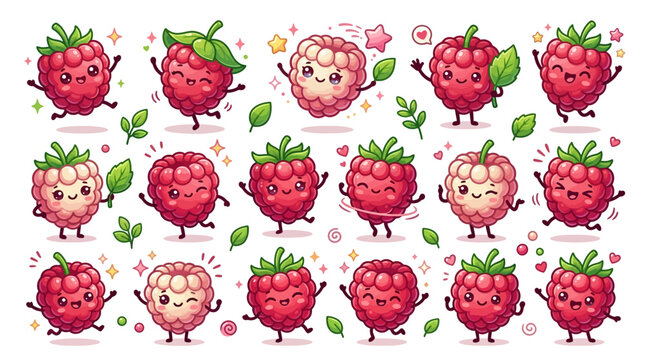 Raspberries with cute cartoon faces smiling.