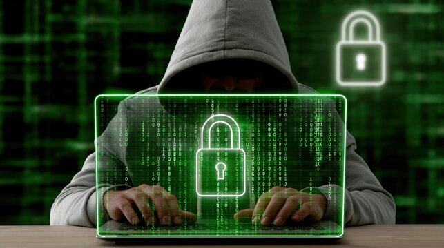 Anonymous hacker in hooded sweatshirt typing on laptop with glowing padlock and binary code screen