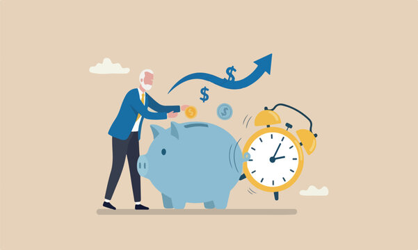 Pension, saving or wealth rich bigger one fall senior elderly adult, earning or profit, future value or growth for retirement planning concept, senior piggybank with clock