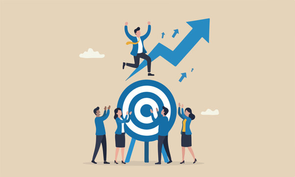 Aspiration boulder meeting teams together uphill mountain peak bigger business target, advancement in career or business growth concept, smart businessman jumping on bigger and higher archery bull's e