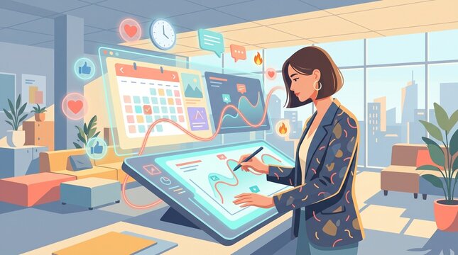 Woman analyzing data charts on transparent digital screen in modern office