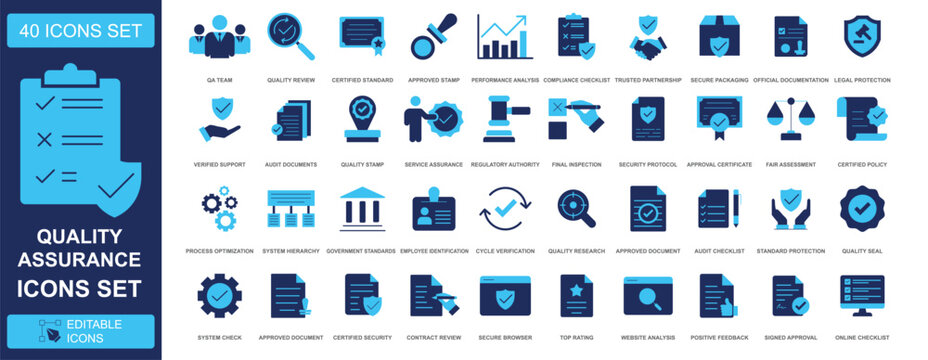 Quality Assurance Icons Set, 40 professional vector icons for business and compliance, modern flat design collection for web and mobile applications, dark blue and light blue color palette