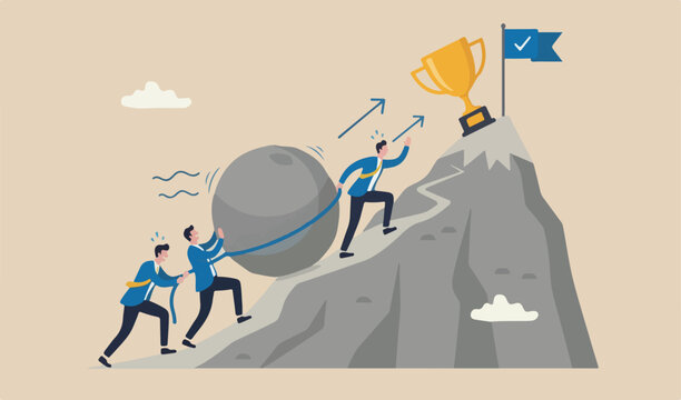 Perseverance, grit or persistence to push effort to success, resilience and strength pushing and to success concept, ambitious businessman pushing heavy boulder mountain red peak