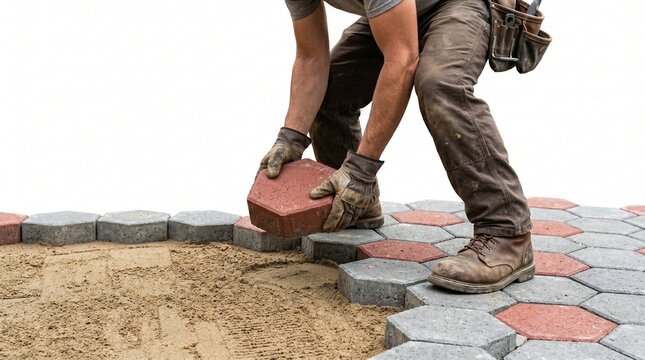 Man laying colorful interlocking pavers.