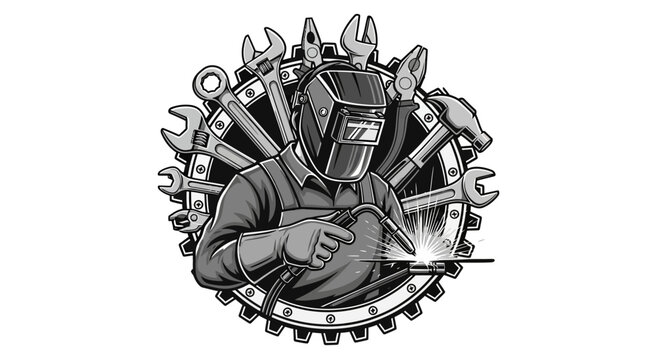 A welder in a protective suit works diligently with tools around.