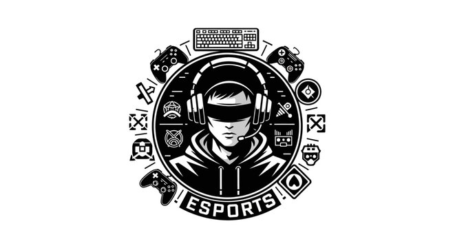 A gamer wearing headphones participates in a competitive esports event with various gaming symbols around.