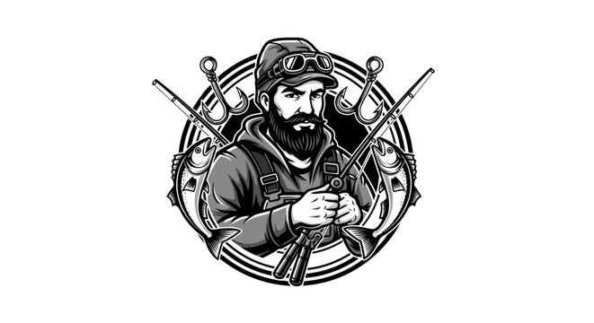 A rugged outdoorsman holds a rifle in a circular emblem with hunting gear.