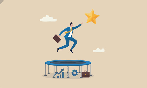 Reach success, tools advantage to reach goal or target, growth and achievement concept, businessman bounce on trampoline jump flying high to grab star