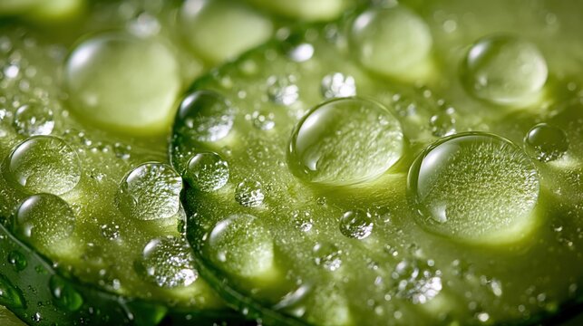 Macro close-up of fresh green cucumber slices covered in glistening water droplets, showcasing texture and hydration