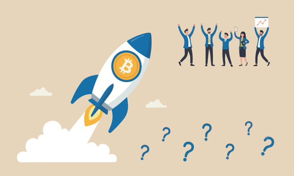 cryptocurrency mountain meeting teams together trading concept, speedy rocket ship holding bitcoin physical coin flying through space