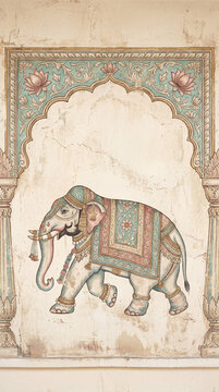 Pichhwai style Mughal painting wallpaper with copy space, pastel watercolor banner design for Indian wedding cards with elephant design