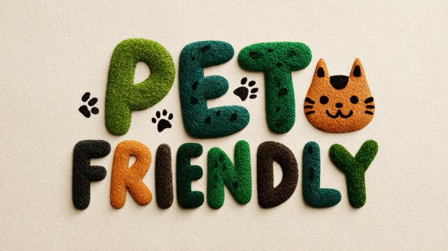 Modern pet friendly typography with cat icon on beige background, playful business branding, welcoming animal lifestyle.